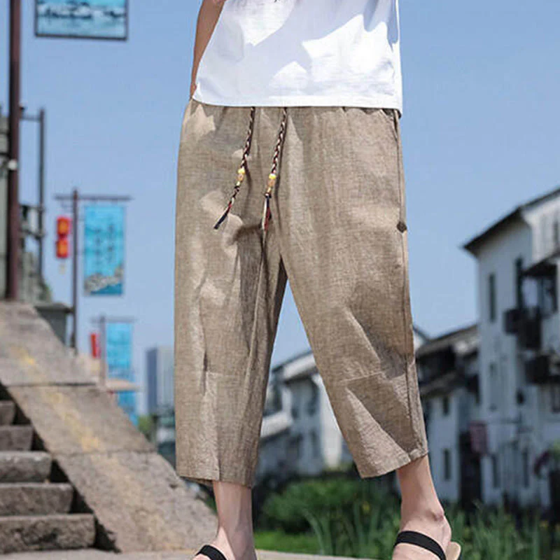 Pantaloni da uomo in spandex con tasche, lunghezza 7-8, con perline intrecciate e cordoncino in vita, stile casual, Buddha Stones - Image 16