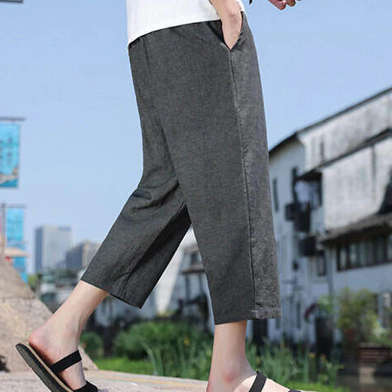 Pantaloni da uomo in spandex con tasche, lunghezza 7-8, con perline intrecciate e cordoncino in vita, stile casual, Buddha Stones - Image 3