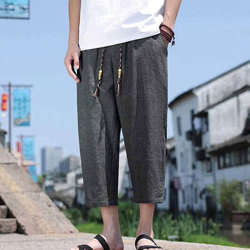 Pantaloni da uomo in spandex con tasche, lunghezza 7-8, con perline intrecciate e cordoncino in vita, stile casual, Buddha Stones - Image 4