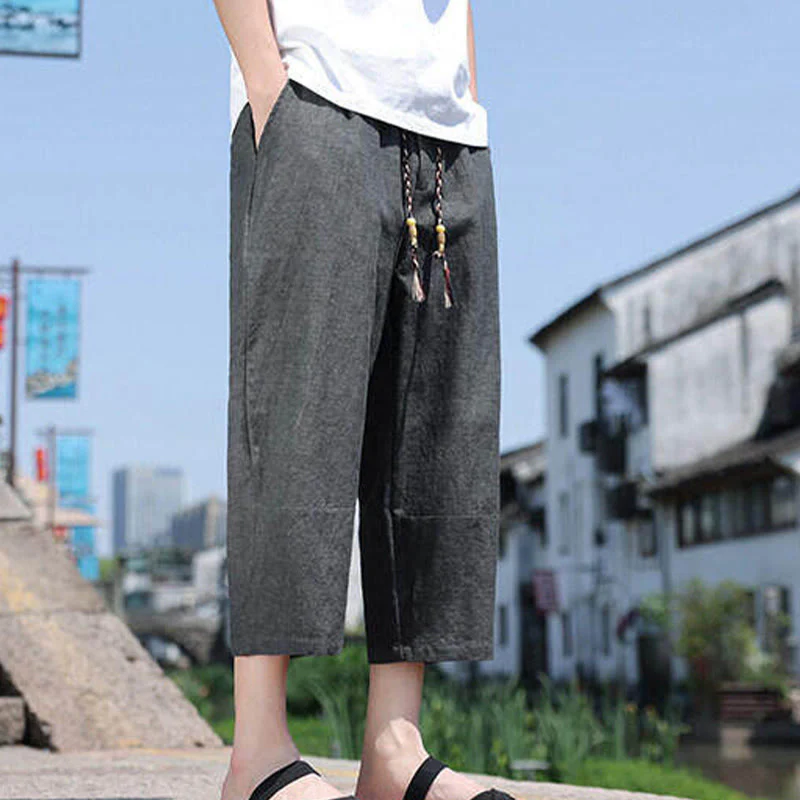 Pantaloni da uomo in spandex con tasche, lunghezza 7-8, con perline intrecciate e cordoncino in vita, stile casual, Buddha Stones - Image 9