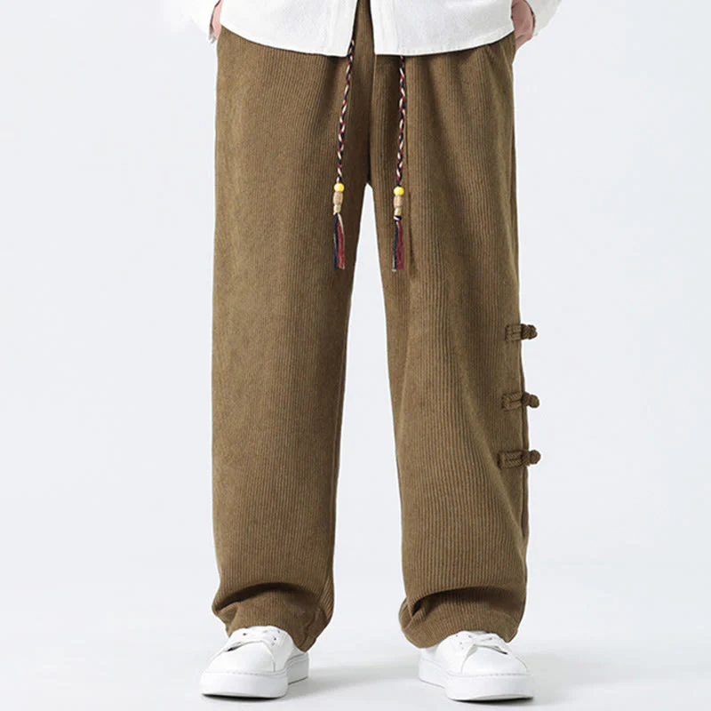 Pantaloni da uomo in velluto a coste con coulisse, tasche e bottoni a rana , Buddha Stones Fall Solid