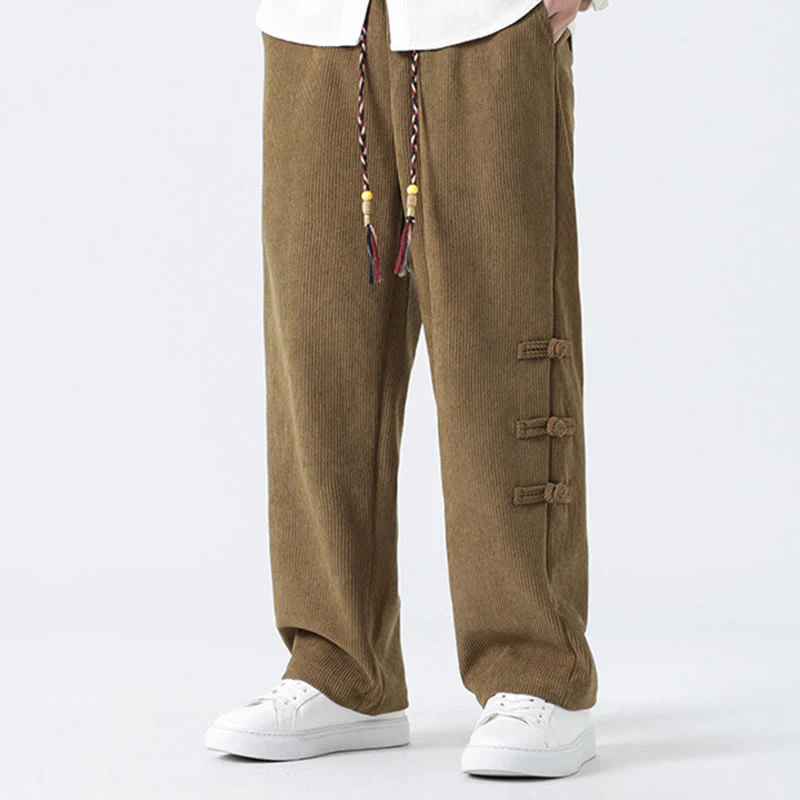 Pantaloni da uomo in velluto a coste con coulisse, tasche e bottoni a rana , Buddha Stones Fall Solid - Image 3
