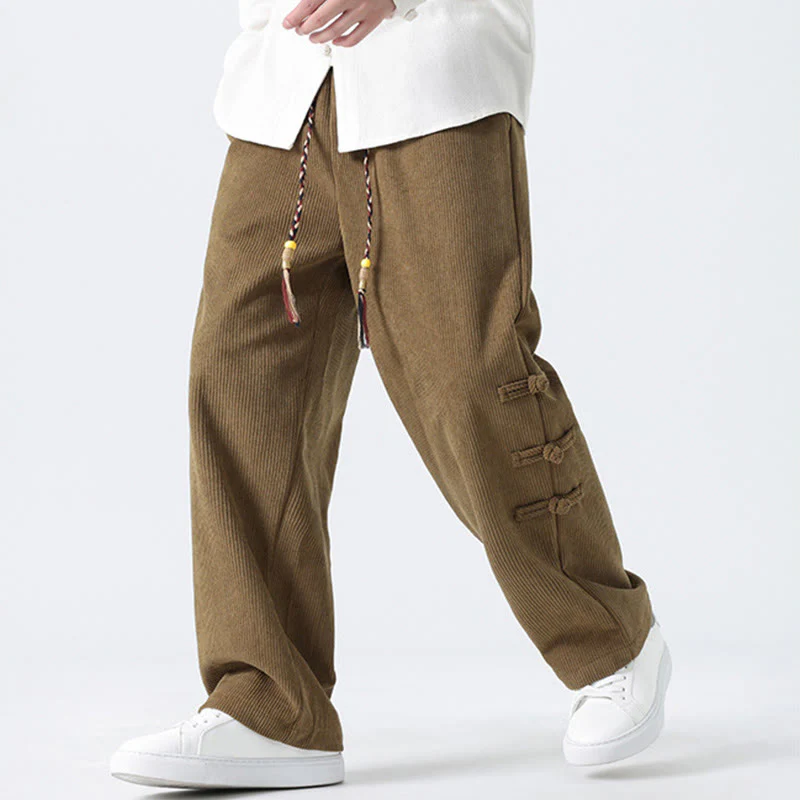 Pantaloni da uomo in velluto a coste con coulisse, tasche e bottoni a rana , Buddha Stones Fall Solid - Image 4