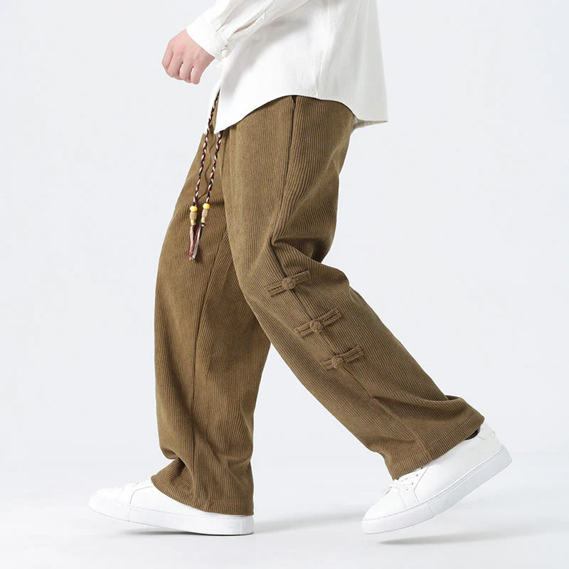 Pantaloni da uomo in velluto a coste con coulisse, tasche e design a rana cinese semplice Buddha Stones