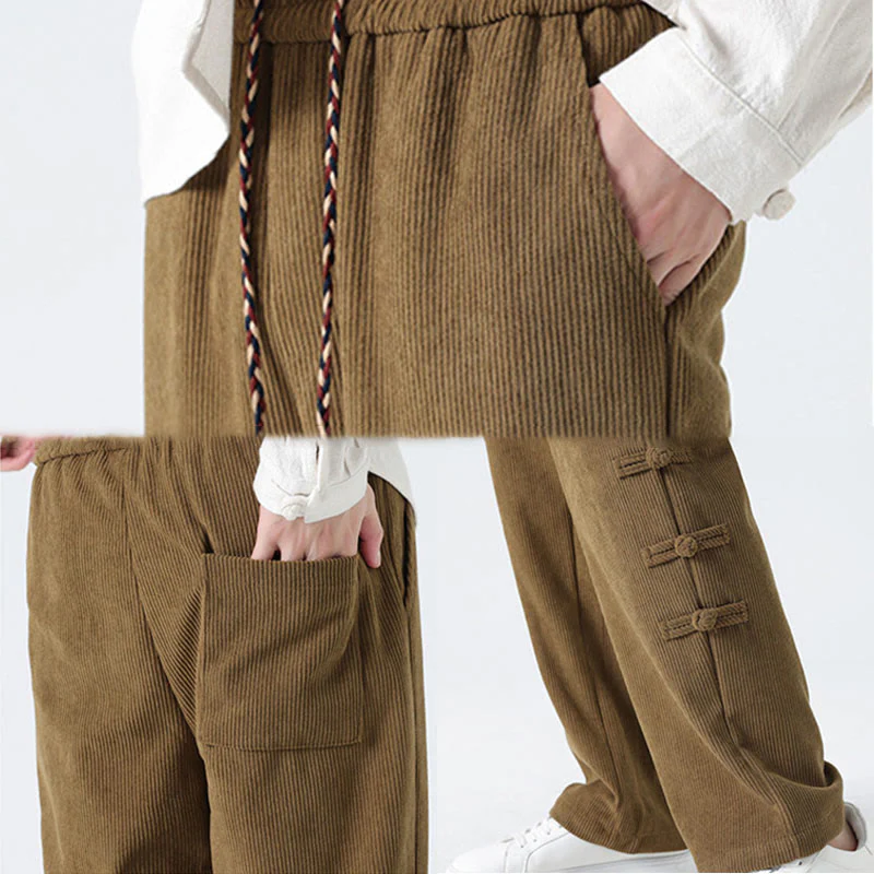 Pantaloni da uomo in velluto a coste con coulisse, tasche e design a rana cinese semplice Buddha Stones - Image 10