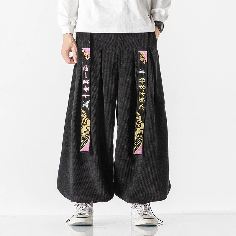 Pantaloni da uomo in velluto a coste con lacci e tasche, ricamo con caratteri cinesi, autunno inverno Buddha Stones