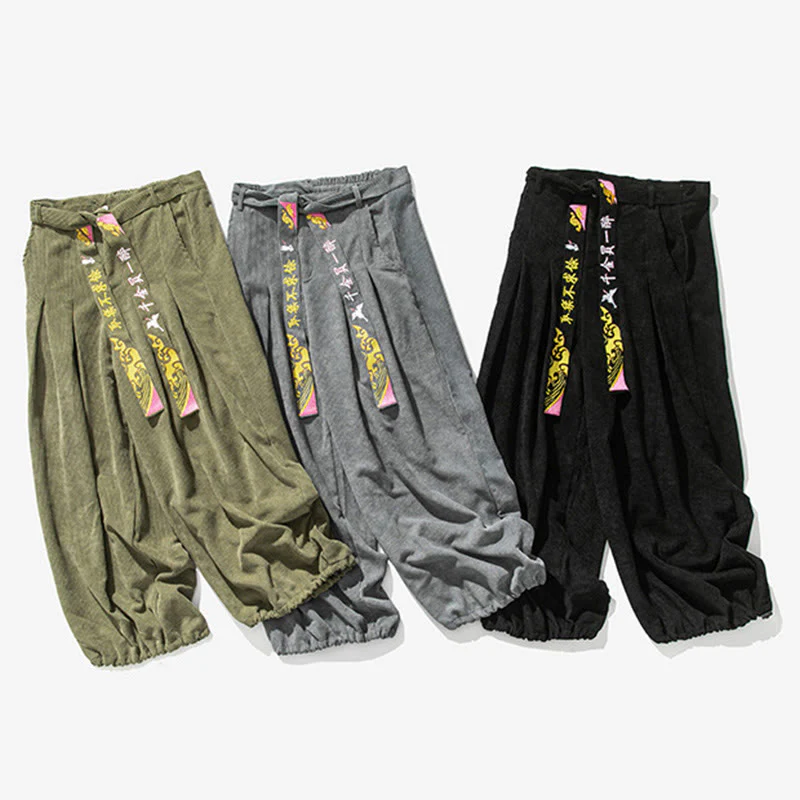 Pantaloni da uomo in velluto a coste con lacci e tasche, ricamo con caratteri cinesi, autunno inverno Buddha Stones - Image 12