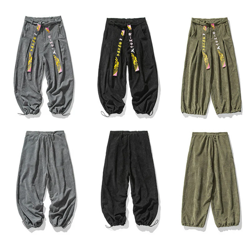 Pantaloni da uomo in velluto a coste con lacci e tasche, ricamo con caratteri cinesi, autunno inverno Buddha Stones - Image 13