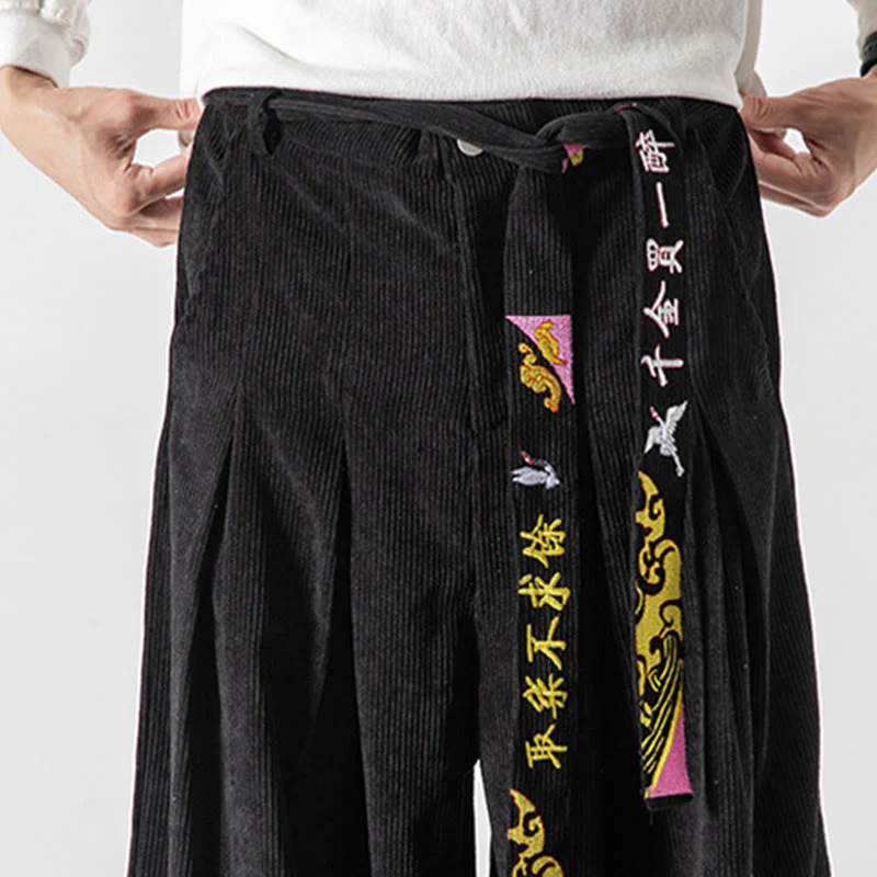 Pantaloni da uomo in velluto a coste con lacci e tasche, ricamo con caratteri cinesi, autunno inverno Buddha Stones - Image 2