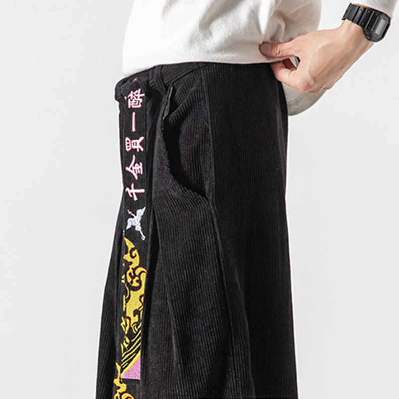 Pantaloni da uomo in velluto a coste con lacci e tasche, ricamo con caratteri cinesi, autunno inverno Buddha Stones - Image 3