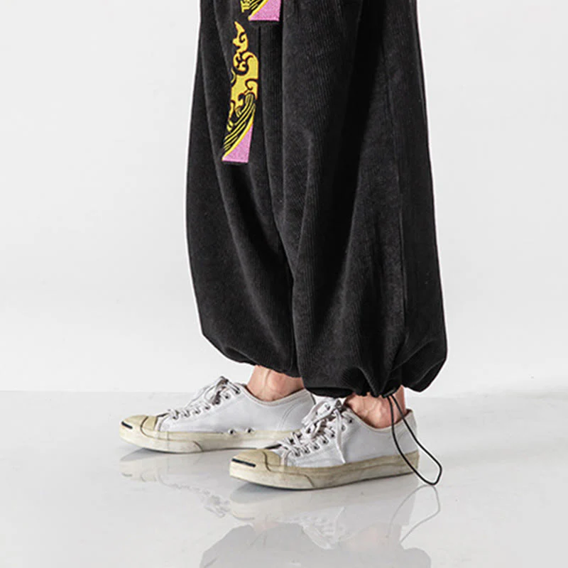 Pantaloni da uomo in velluto a coste con lacci e tasche, ricamo con caratteri cinesi, autunno inverno Buddha Stones - Image 4