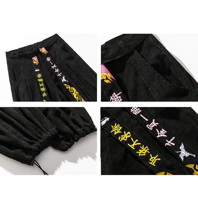 Pantaloni da uomo in velluto a coste con lacci e tasche, ricamo con caratteri cinesi, autunno inverno Buddha Stones - Image 5