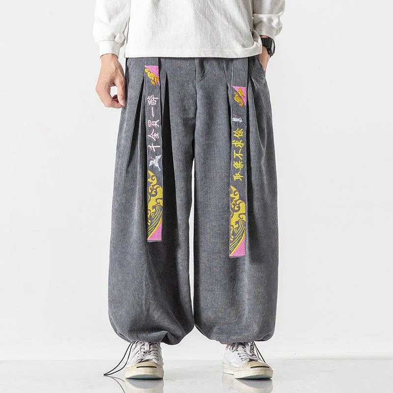 Pantaloni da uomo in velluto a coste con lacci e tasche, ricamo con caratteri cinesi, autunno inverno Buddha Stones - Image 6