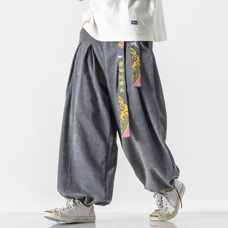 Pantaloni da uomo in velluto a coste con lacci e tasche, ricamo con caratteri cinesi, autunno inverno Buddha Stones - Image 7