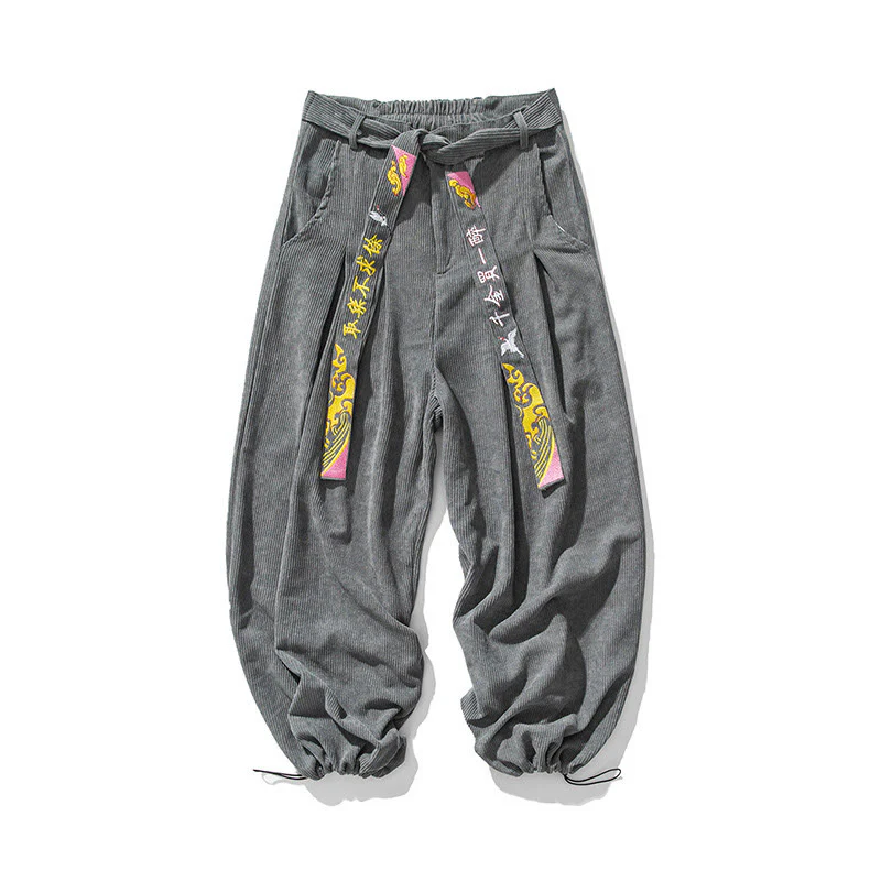 Pantaloni da uomo in velluto a coste con lacci e tasche, ricamo con caratteri cinesi, autunno inverno Buddha Stones - Image 8
