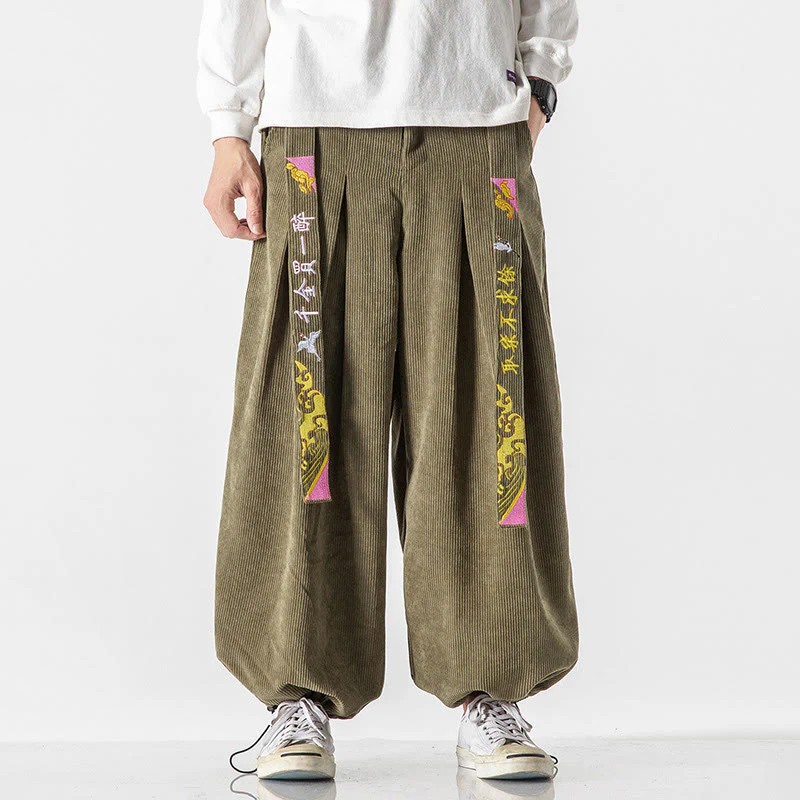 Pantaloni da uomo in velluto a coste con lacci e tasche, ricamo con caratteri cinesi, autunno inverno Buddha Stones - Image 9