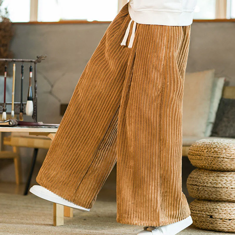 Pantaloni da uomo in velluto a coste di cotone a gamba larga con coulisse e tasche Buddha Stones Commute - Image 10