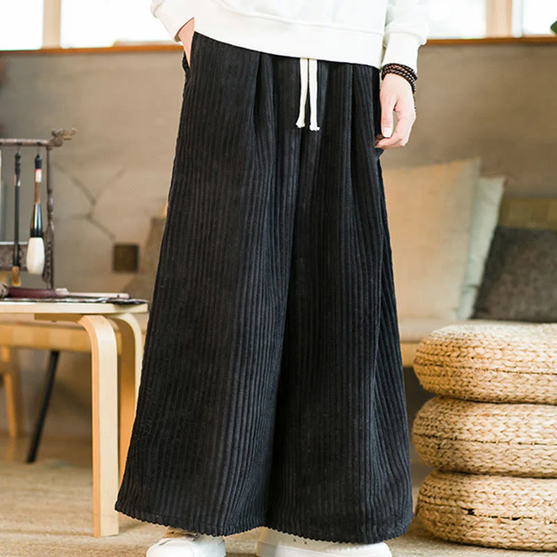 Pantaloni da uomo in velluto a coste di cotone a gamba larga con coulisse e tasche Buddha Stones Commute - Image 3