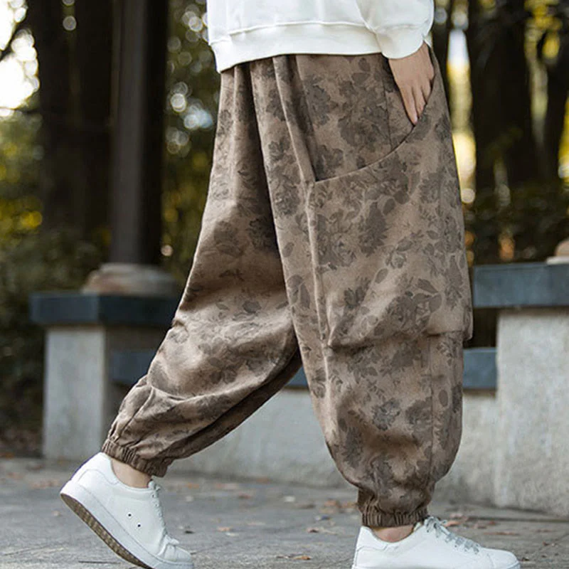 Pantaloni da uomo in velluto a coste di cotone casual con fiori Buddha Stones e grandi tasche - Image 4