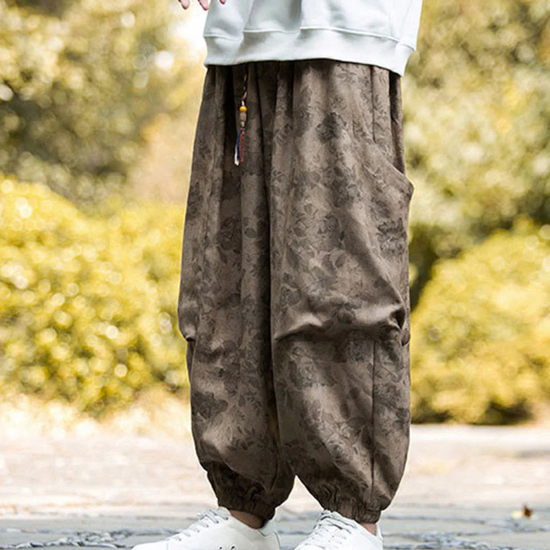 Pantaloni da uomo in velluto a coste di cotone casual con fiori Buddha Stones e grandi tasche - Image 8