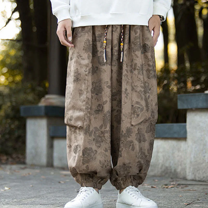Pantaloni da uomo in velluto a coste di cotone casual con fiori Buddha Stones e grandi tasche - Image 9