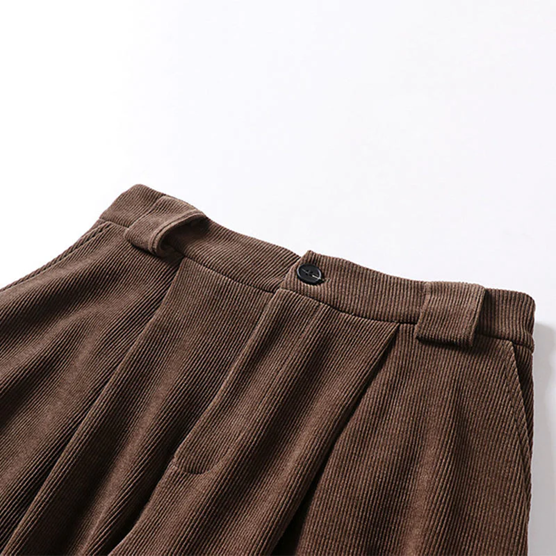 Pantaloni da uomo in velluto a coste di cotone con elastico in vita, gamba larga, tasche e bottoni invernali con cerniera Buddha Stones - Image 3