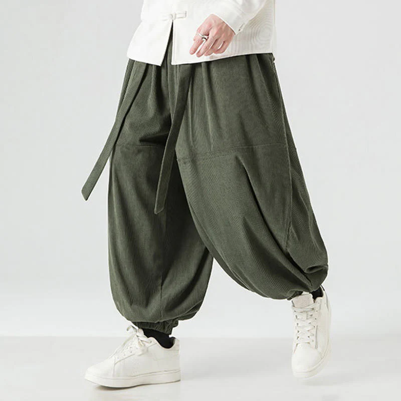 Pantaloni da uomo in velluto a coste di puro cotone con tasche, modello Harem, tinta unita, invernali, Buddha Stones