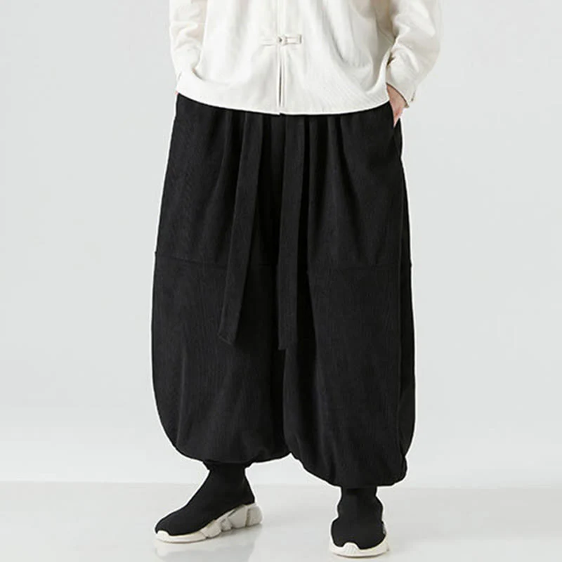 Pantaloni da uomo in velluto a coste di puro cotone con tasche, modello Harem, tinta unita, invernali, Buddha Stones - Image 11