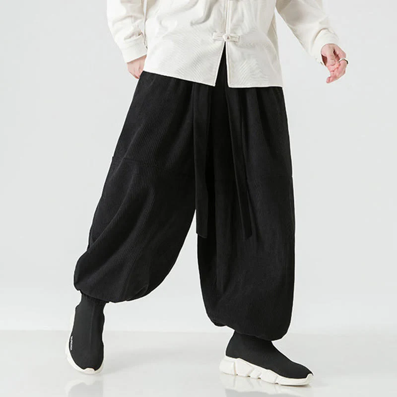 Pantaloni da uomo in velluto a coste di puro cotone con tasche, modello Harem, tinta unita, invernali, Buddha Stones - Image 12