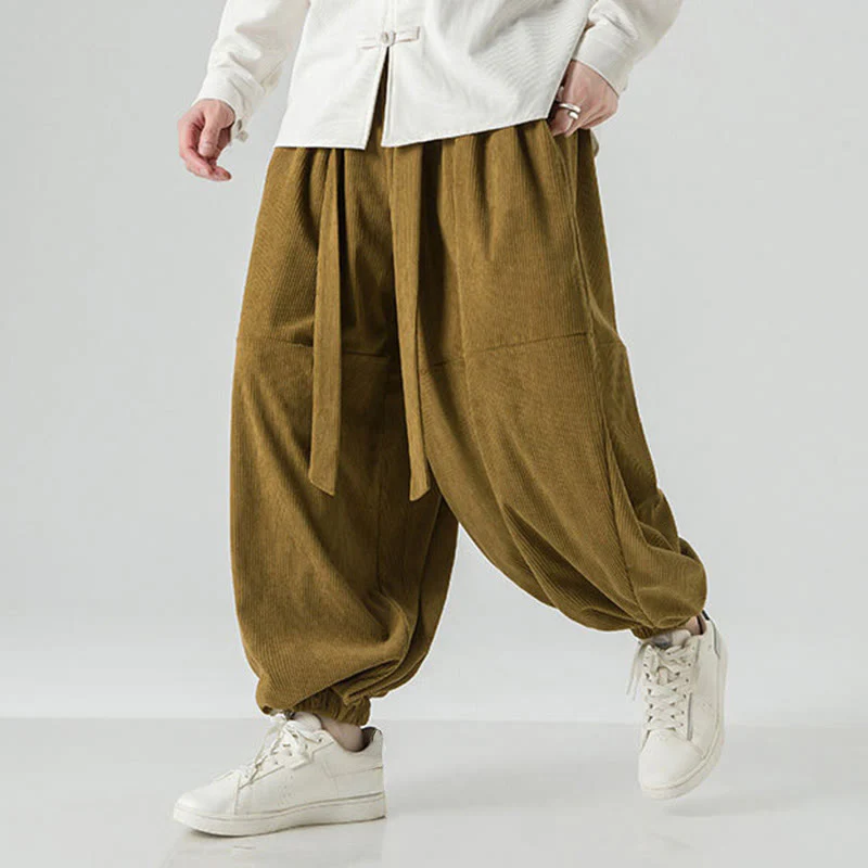 Pantaloni da uomo in velluto a coste di puro cotone con tasche, modello Harem, tinta unita, invernali, Buddha Stones - Image 20