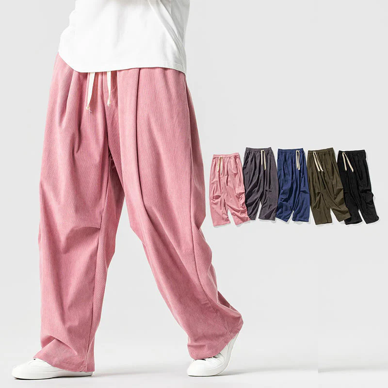 Pantaloni da uomo in velluto a coste invernali con coulisse e tasche, gamba larga , Buddha Stones - Image 15