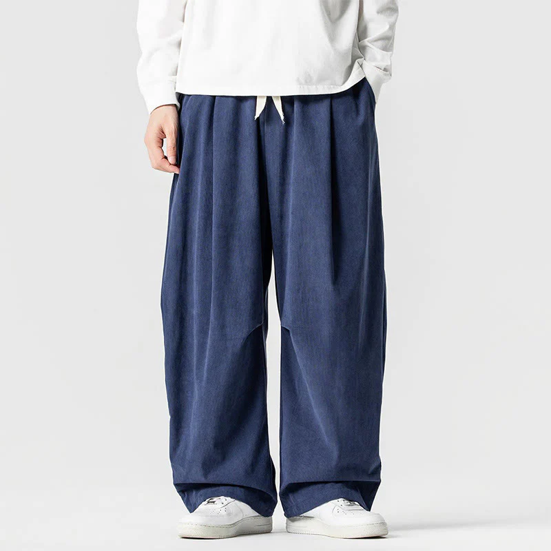 Pantaloni da uomo in velluto a coste invernali con coulisse e tasche, gamba larga , Buddha Stones - Image 2
