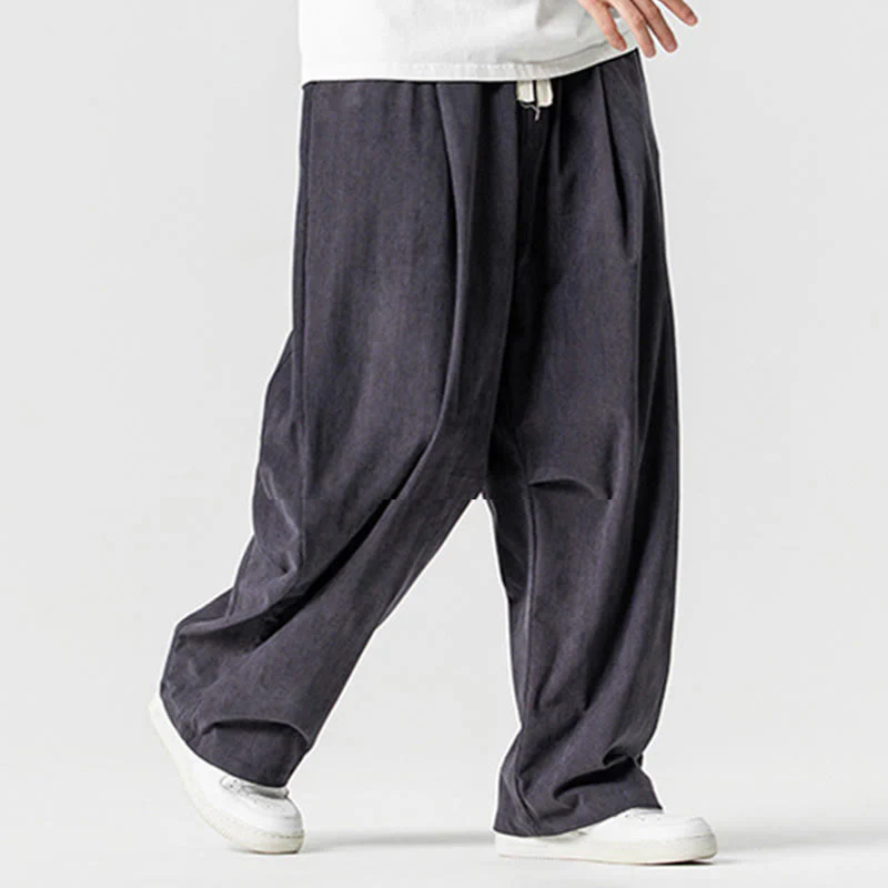 Pantaloni da uomo in velluto a coste invernali con coulisse e tasche, gamba larga , Buddha Stones - Image 23