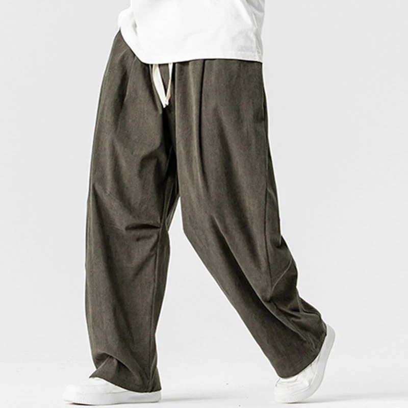Pantaloni da uomo in velluto a coste invernali con coulisse e tasche, gamba larga , Buddha Stones - Image 27