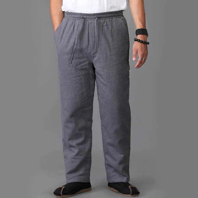 Pantaloni da uomo invernali in lino con coulisse e fodera in pile Buddha Stones con tasche - Image 13