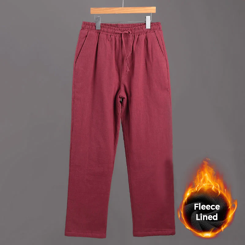Pantaloni da uomo invernali in lino con coulisse e fodera in pile Buddha Stones con tasche - Image 15