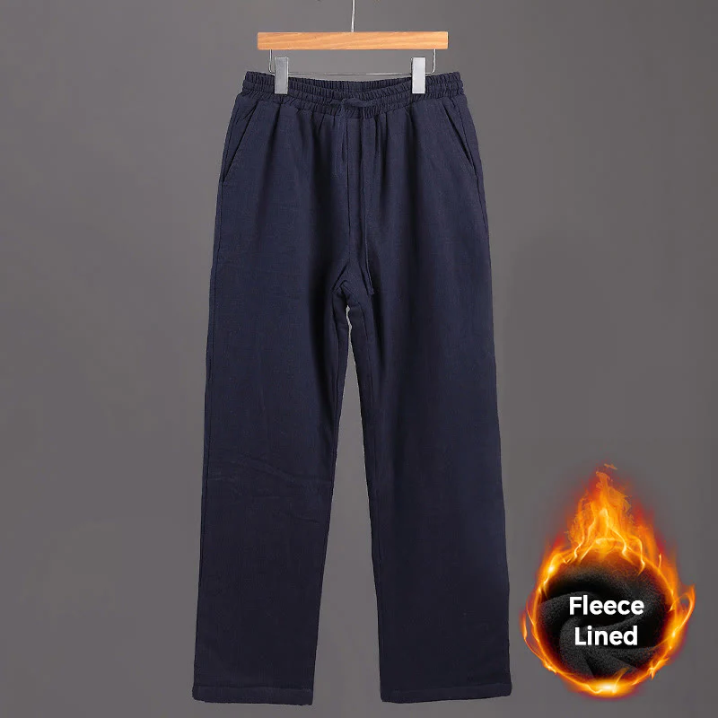 Pantaloni da uomo invernali in lino con coulisse e fodera in pile Buddha Stones con tasche - Image 2