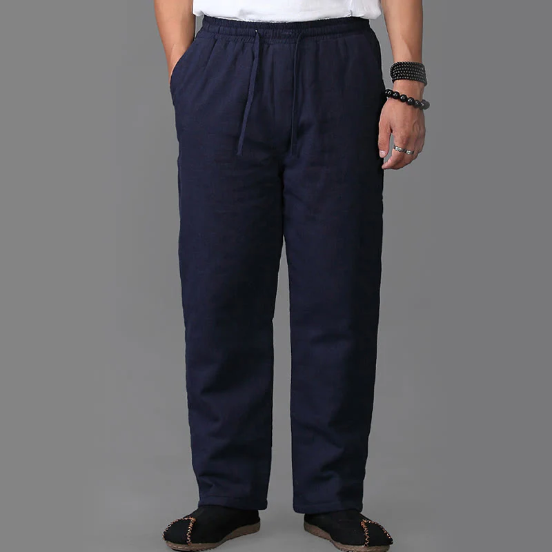 Pantaloni da uomo invernali in lino con coulisse e fodera in pile Buddha Stones con tasche - Image 3
