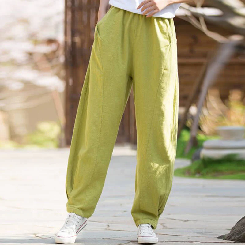 Pantaloni da yoga casual in lino e cotone ramiè Buddha Stones con tasche