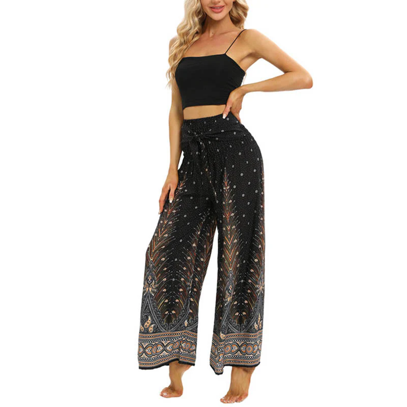 Pantaloni da yoga da donna con lacci e piume di pavone Boho Buddha Stones - Image 6