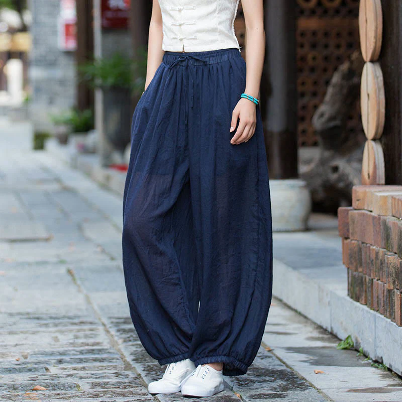 Pantaloni estivi in lino tinta unita con coulisse e tasche Buddha Stones