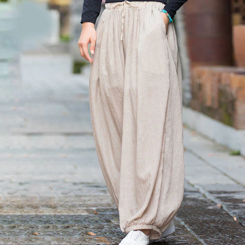 Pantaloni estivi in lino tinta unita con coulisse e tasche Buddha Stones - Image 14