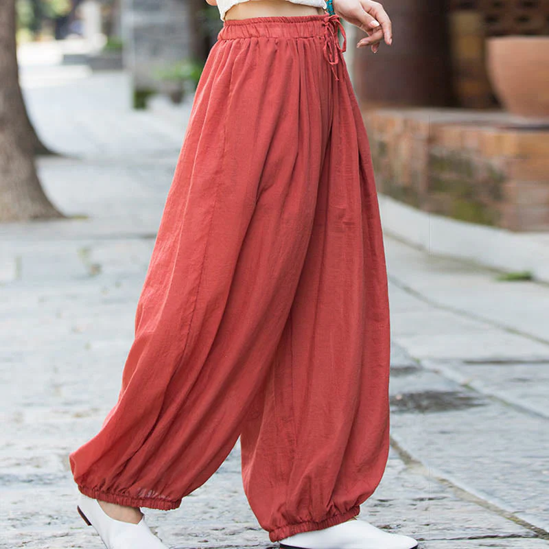 Pantaloni estivi in lino tinta unita con coulisse e tasche Buddha Stones - Image 32