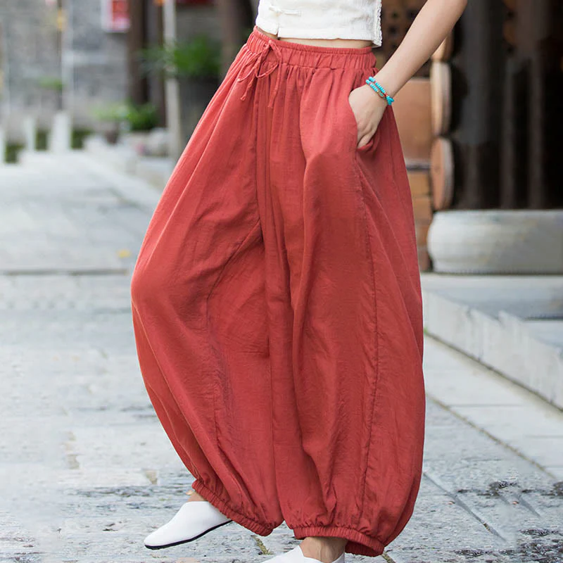 Pantaloni estivi in lino tinta unita con coulisse e tasche Buddha Stones - Image 33