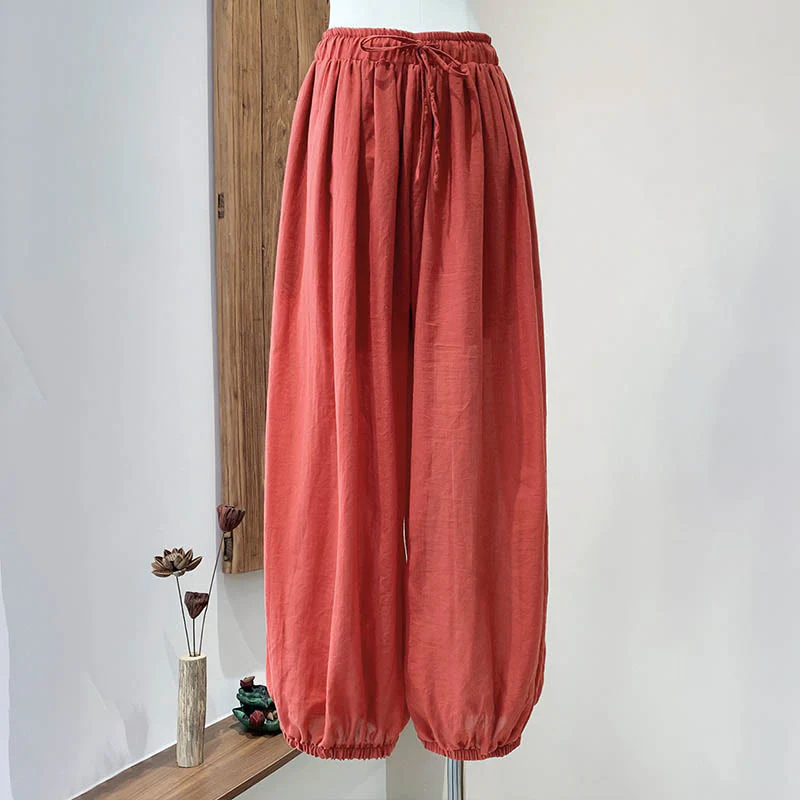 Pantaloni estivi in lino tinta unita con coulisse e tasche Buddha Stones - Image 36