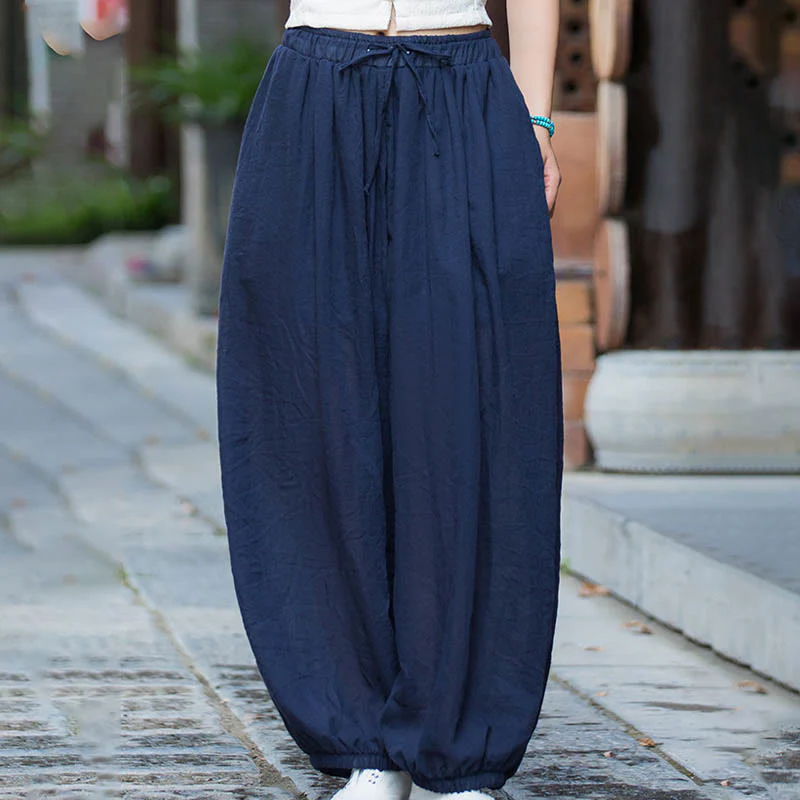 Pantaloni estivi in lino tinta unita con coulisse e tasche Buddha Stones - Image 7