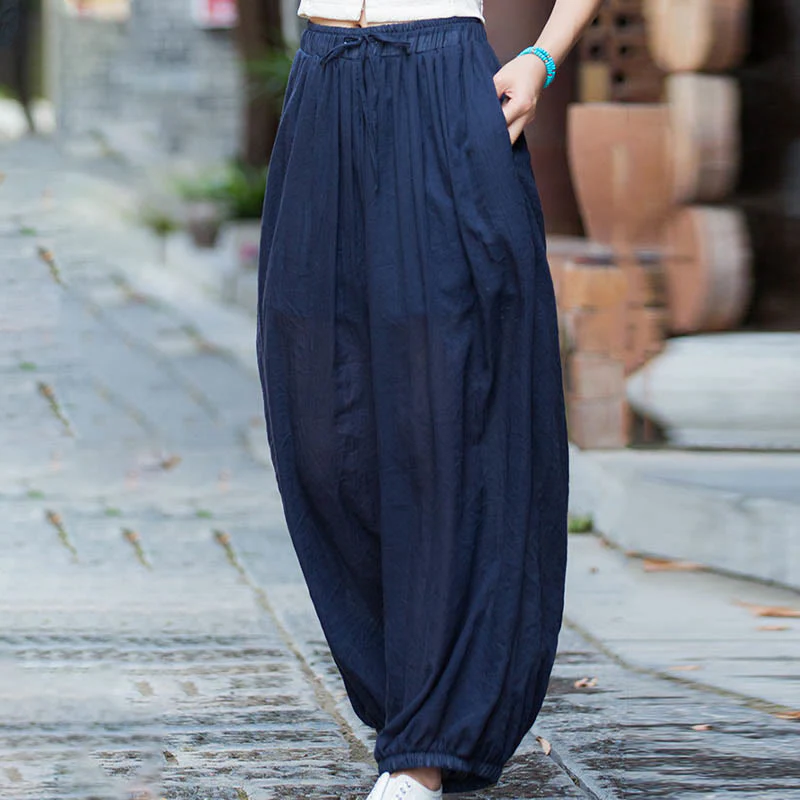 Pantaloni estivi in lino tinta unita con coulisse e tasche Buddha Stones - Image 9