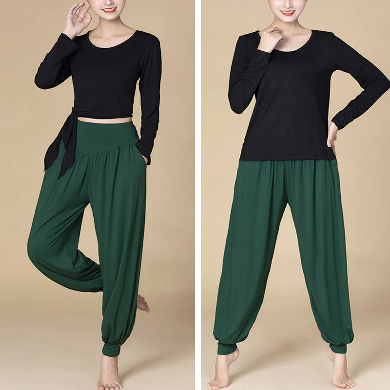 Pantaloni harem a vita alta con tasche, in modal tinta unita, per yoga e danza, Buddha Stones - Image 14