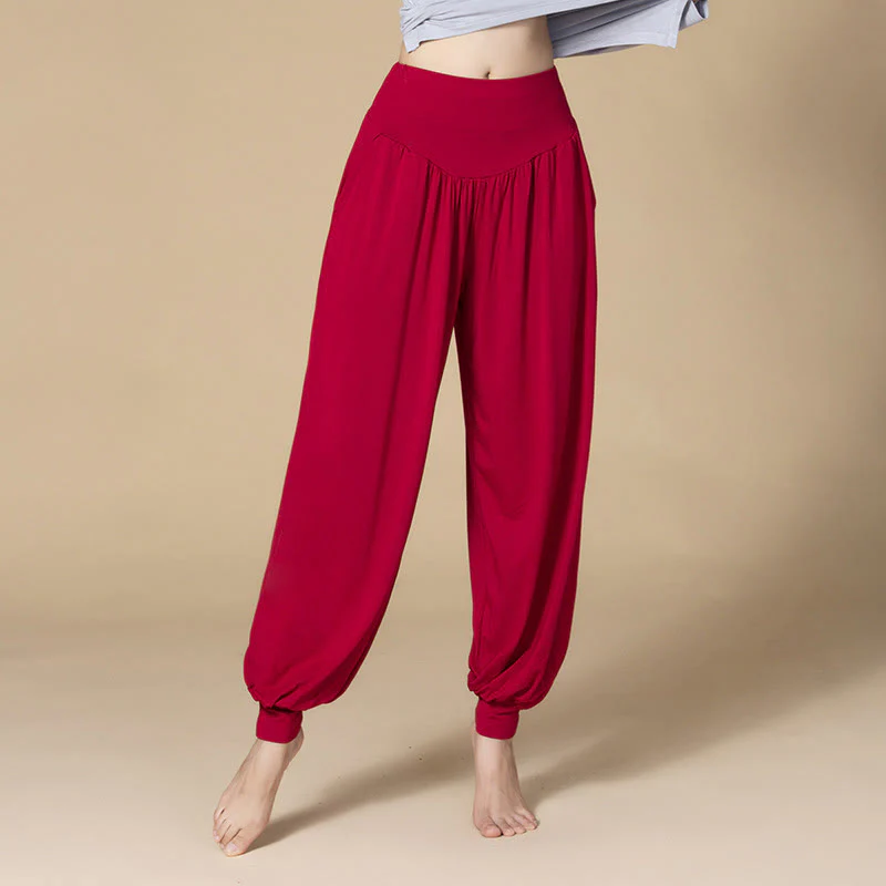 Pantaloni harem a vita alta con tasche, in modal tinta unita, per yoga e danza, Buddha Stones - Image 19