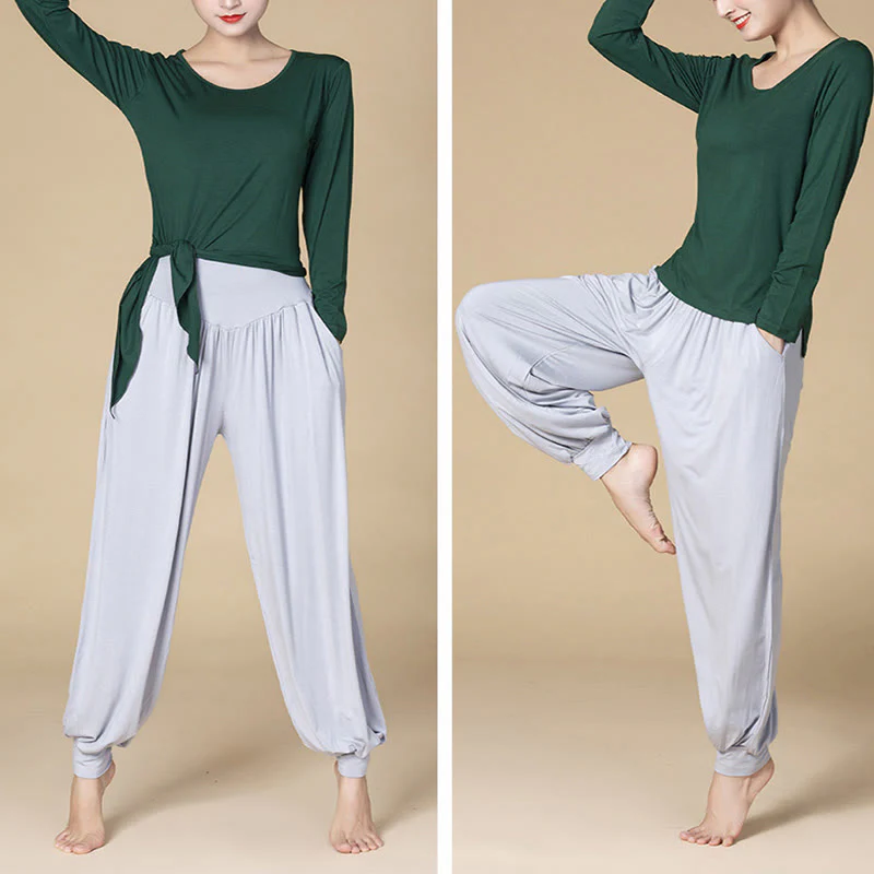 Pantaloni harem a vita alta con tasche, in modal tinta unita, per yoga e danza, Buddha Stones - Image 2